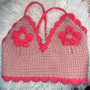 Hand made crochet top festival boho vibes flower lace up back makes adjustable